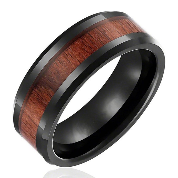 8mm  Men Stainless Steel Wood Black Filled Band - Picture 2 of 3
